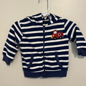 Striped Navy and White Kids Jacket with Red Fire Truck Patch